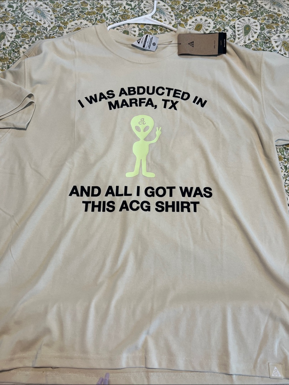 Nike ACG Beige Short-Sleeve Tee with Neon Green Alien Graphic